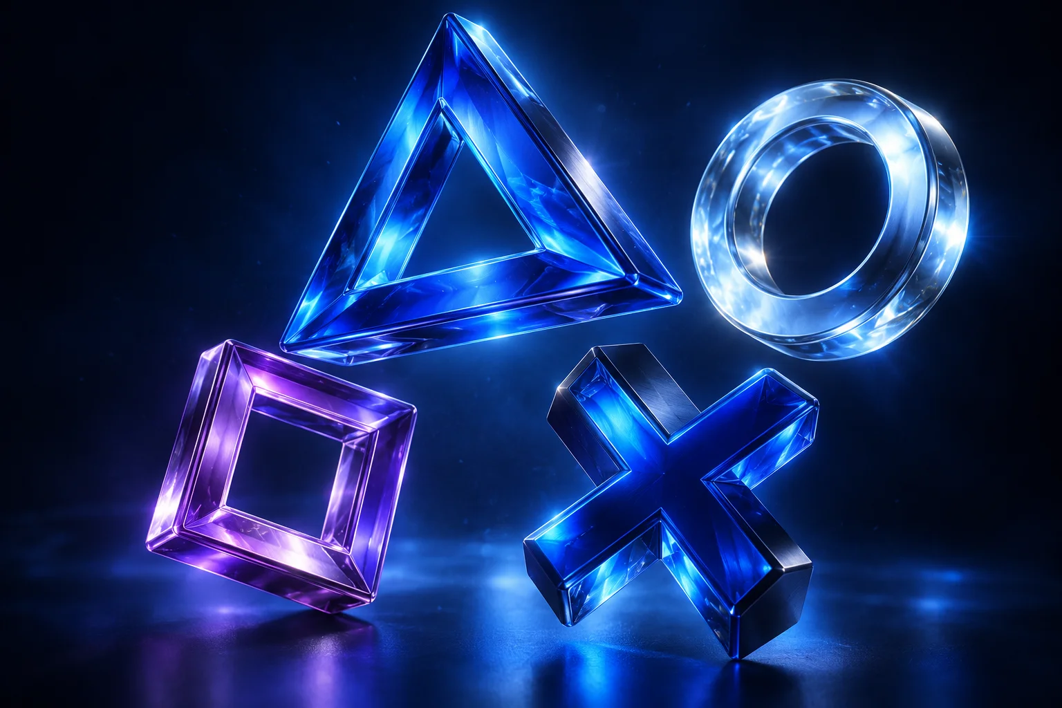 Floating glass triangle, circle, cross and square in electric blue